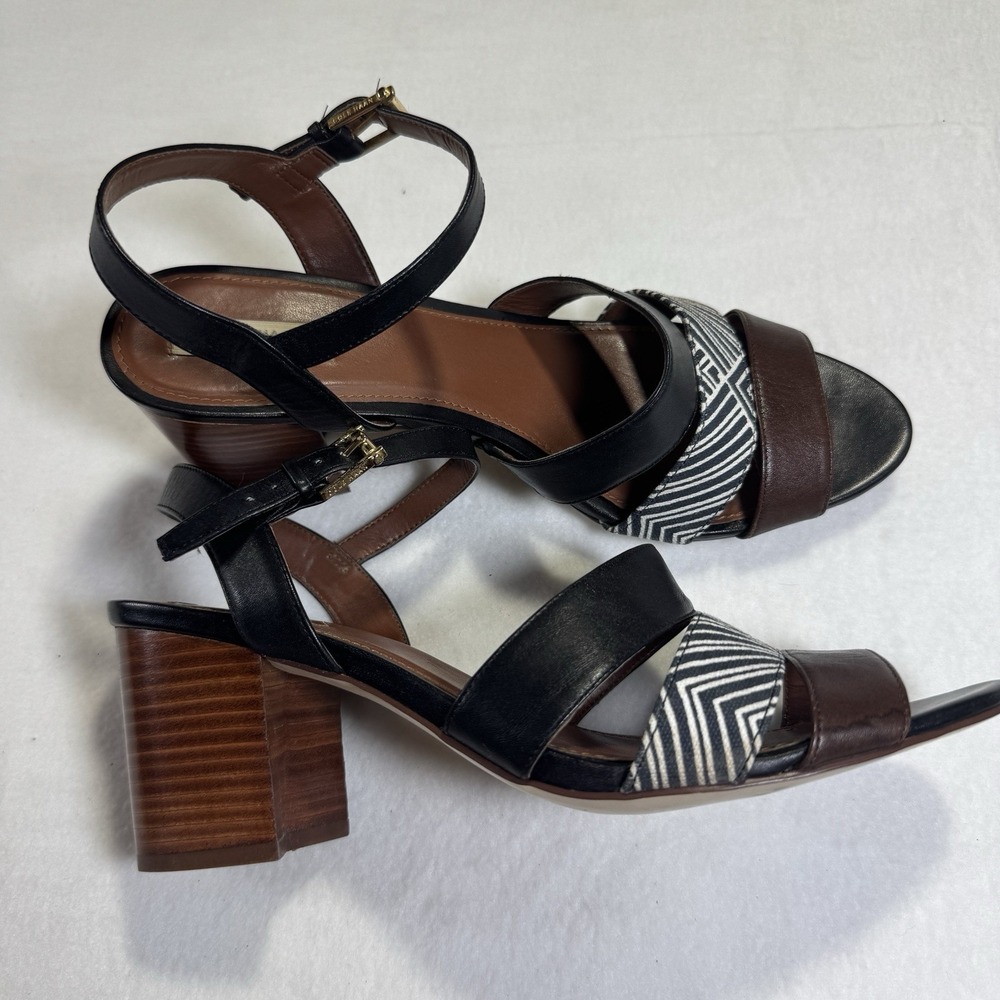 Cole Haan 9 Black Brown Leather Strappy Wedge Sandals Geometric Print Block Heel